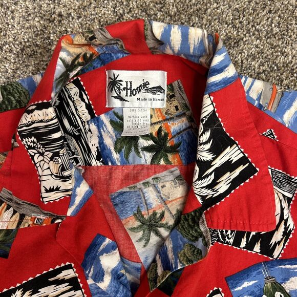 Howie Hawaiian Button Up Down Shirt Mens L 100% Cotton Surf Boards Red Postcard - Picture 2 of 5